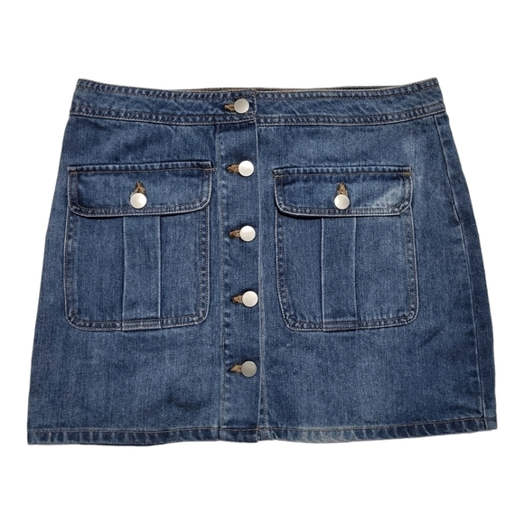 FOREVER 21 Denim Button Front Mini Skirt Juniors Size M Blue Flap Pockets - Picture 1 of 6